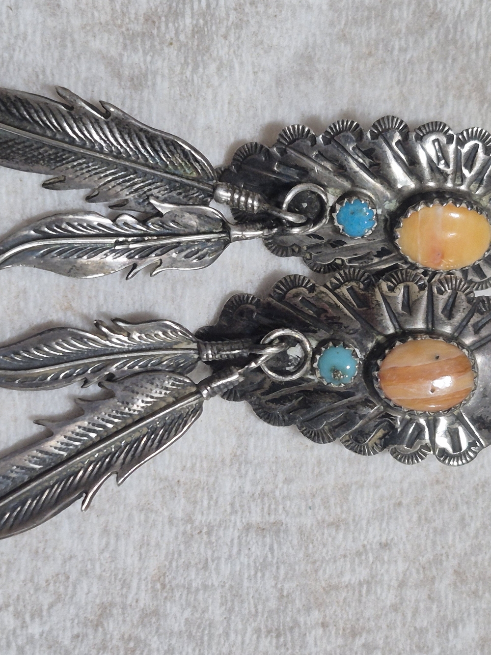 Vintage Running Bear RB Sterling Silver Turquoise Spiny Oyster Navajo Earrings - Picture 2 of 5